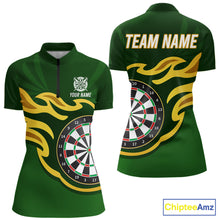 Load image into Gallery viewer, Personalized Green Dartboard Flame Gold Darts Shirt For Women, Darts Jersey Team Polo &amp; 1/4 Zip TDM5872