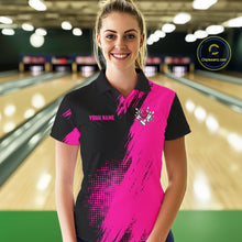 Load image into Gallery viewer, Female model wearing the Custom Pink and Black Strike Bowling polo shirt with vibrant pink and black bowling graphics, front view