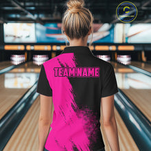 Load image into Gallery viewer, Female model wearing the Custom Pink and Black Strike Bowling polo shirt with vibrant pink and black bowling graphics, back view
