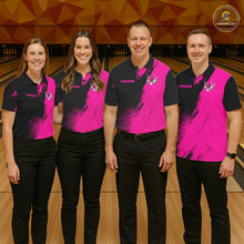 Load image into Gallery viewer, Men's bowling team wearing matching Custom Pink and Black Strike Bowling shirts, front view