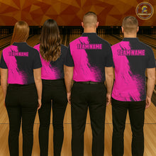 Load image into Gallery viewer, Men's bowling team wearing matching Custom Pink and Black Strike Bowling shirts, back view