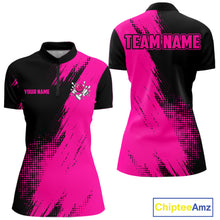 Load image into Gallery viewer, Custom Pink and Black Strike Bowling quarter zip bowling shirt design featuring bold bowling graphics in pink and black for women