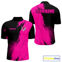 Load image into Gallery viewer, Custom Pink and Black Strike Bowling quarter zip bowling shirt design featuring bold bowling graphics in pink and black for men