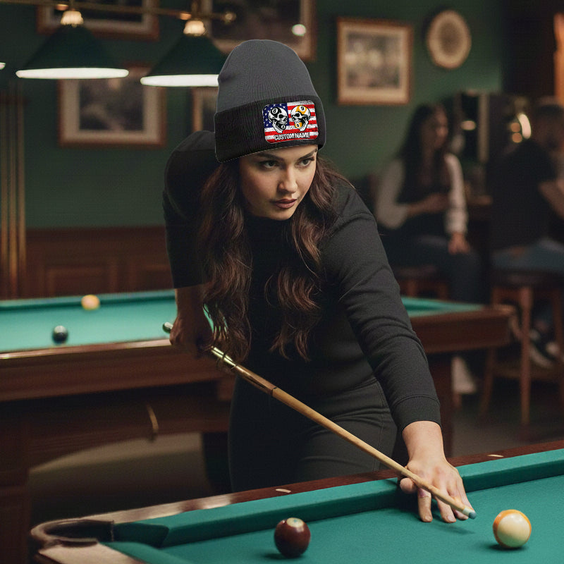 Funny Skull 8&9 Ball Billiard Knit Beanie Hat Rectangle Patch Custom US Flag Pool Player Knit Hat TDM4942