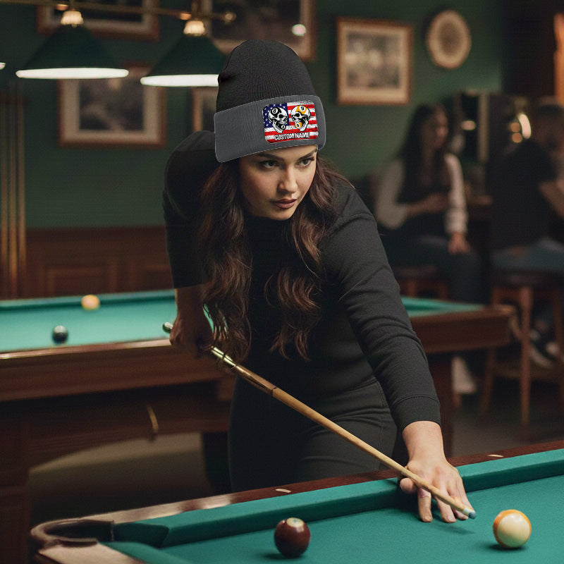 Funny Skull 8&9 Ball Billiard Knit Beanie Hat Rectangle Patch Custom US Flag Pool Player Knit Hat TDM4942