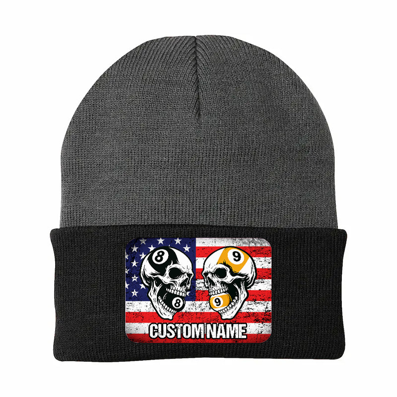 Funny Skull 8&9 Ball Billiard Knit Beanie Hat Rectangle Patch Custom US Flag Pool Player Knit Hat TDM4942