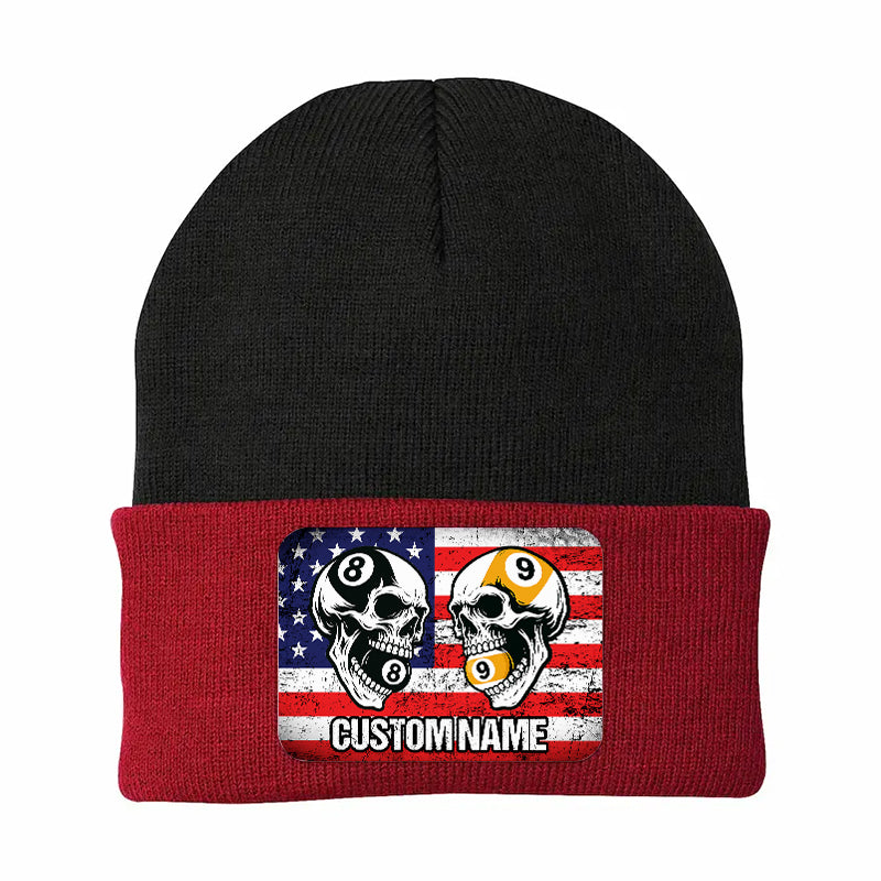 Funny Skull 8&9 Ball Billiard Knit Beanie Hat Rectangle Patch Custom US Flag Pool Player Knit Hat TDM4942