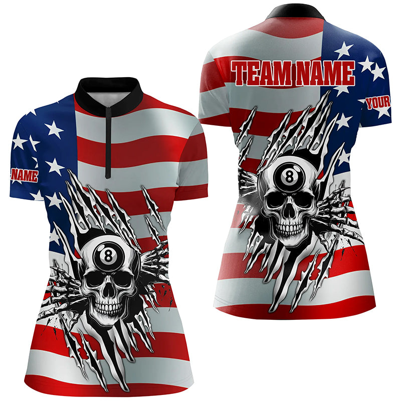 Personalized Billiard Skull American Flag Women Polo & Quarter-Zip Shirts, Patriotic Billiard Jerseys TDM1751