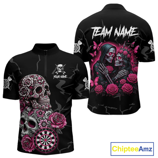 Personalized Pink Skull Roses Gothic Romance Darts Shirt For Men, Dart Jersey Outfit, Dart Gifts TDM4145