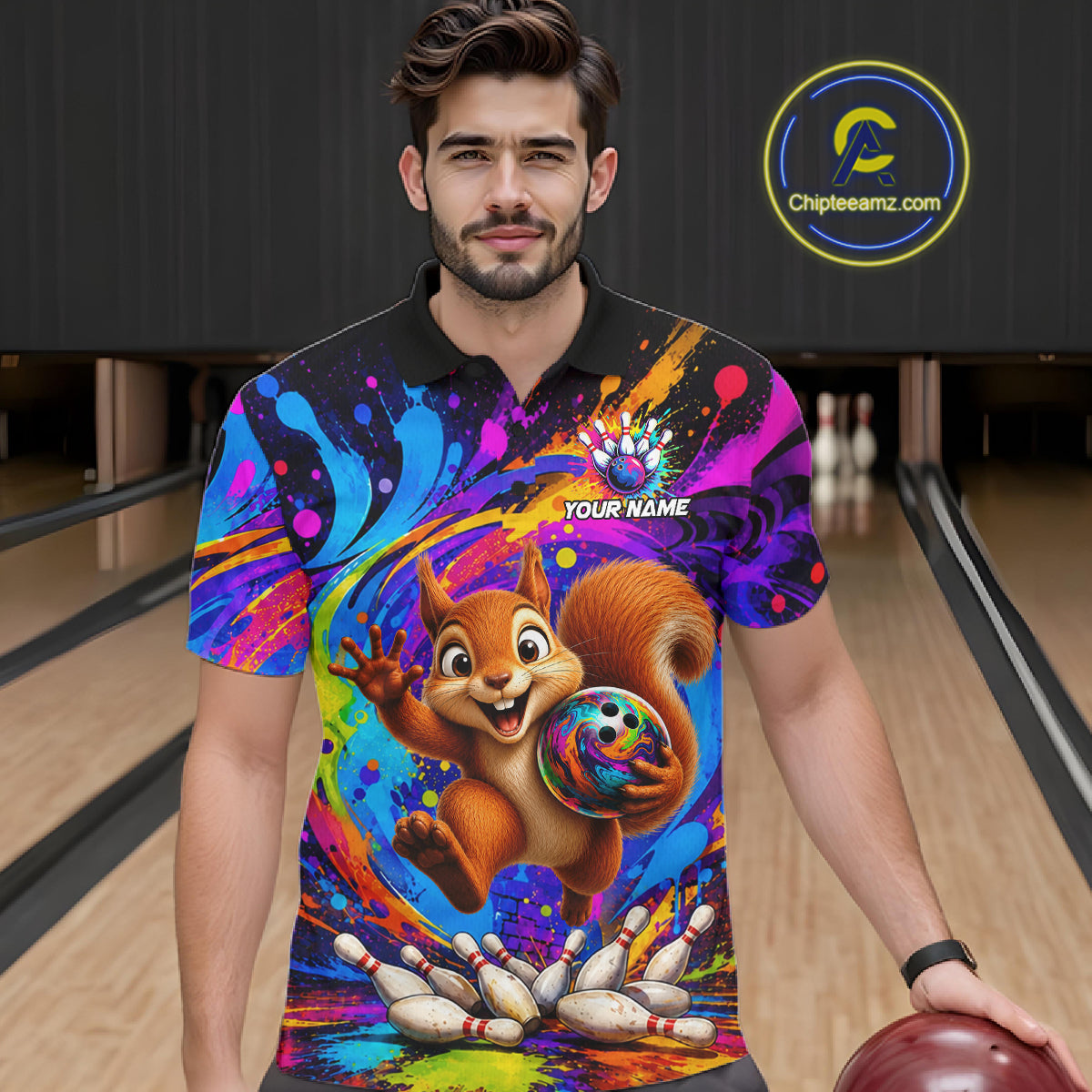 Man wearing funny squirrel colorful bowling team jersey polo shirt featuring funny squirrel bowling artwork, front view.