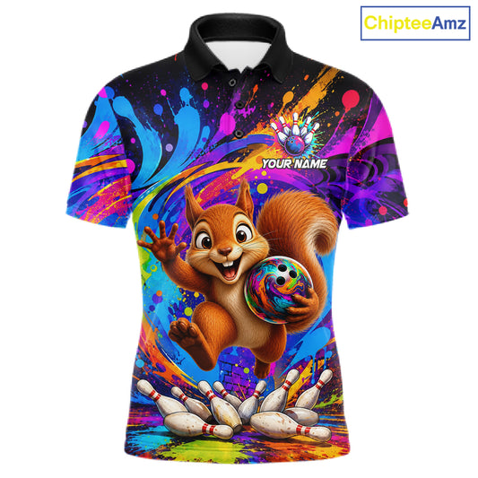 Funny squirrel colorful bowling team jersey polo shirt for men featuring a playful squirrel bowling design, premium custom bowling league apparel and best bowling gifts.