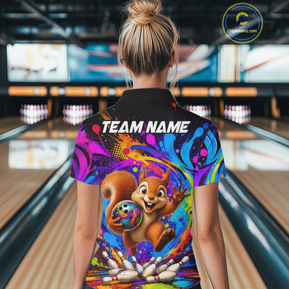 Woman wearing funny pizza colorful bowling team jersey polo shirt featuring funny pizza bowling artwork, back view.