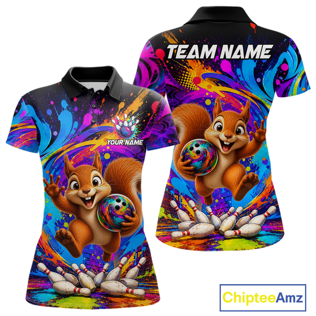 Funny pizza colorful bowling team jersey polo shirt for women featuring a fun pizza bowling design, premium custom bowling league apparel and best bowling gifts.