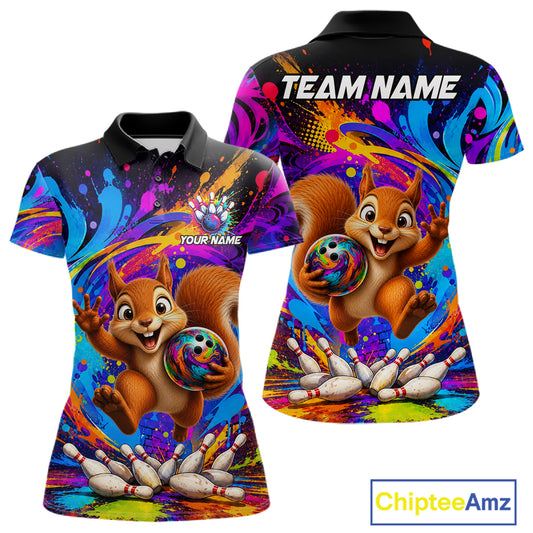 Funny pizza colorful bowling team jersey polo shirt for women featuring a fun pizza bowling design, premium custom bowling league apparel and best bowling gifts.