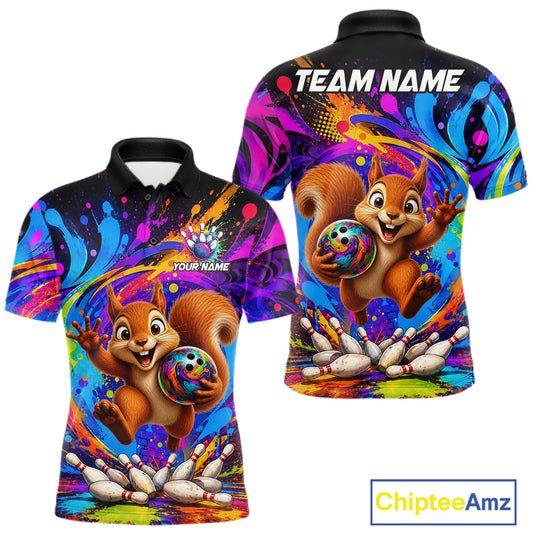 Funny squirrel colorful bowling team jersey polo shirt for men featuring a playful squirrel bowling design, premium custom bowling league apparel and best bowling gifts.