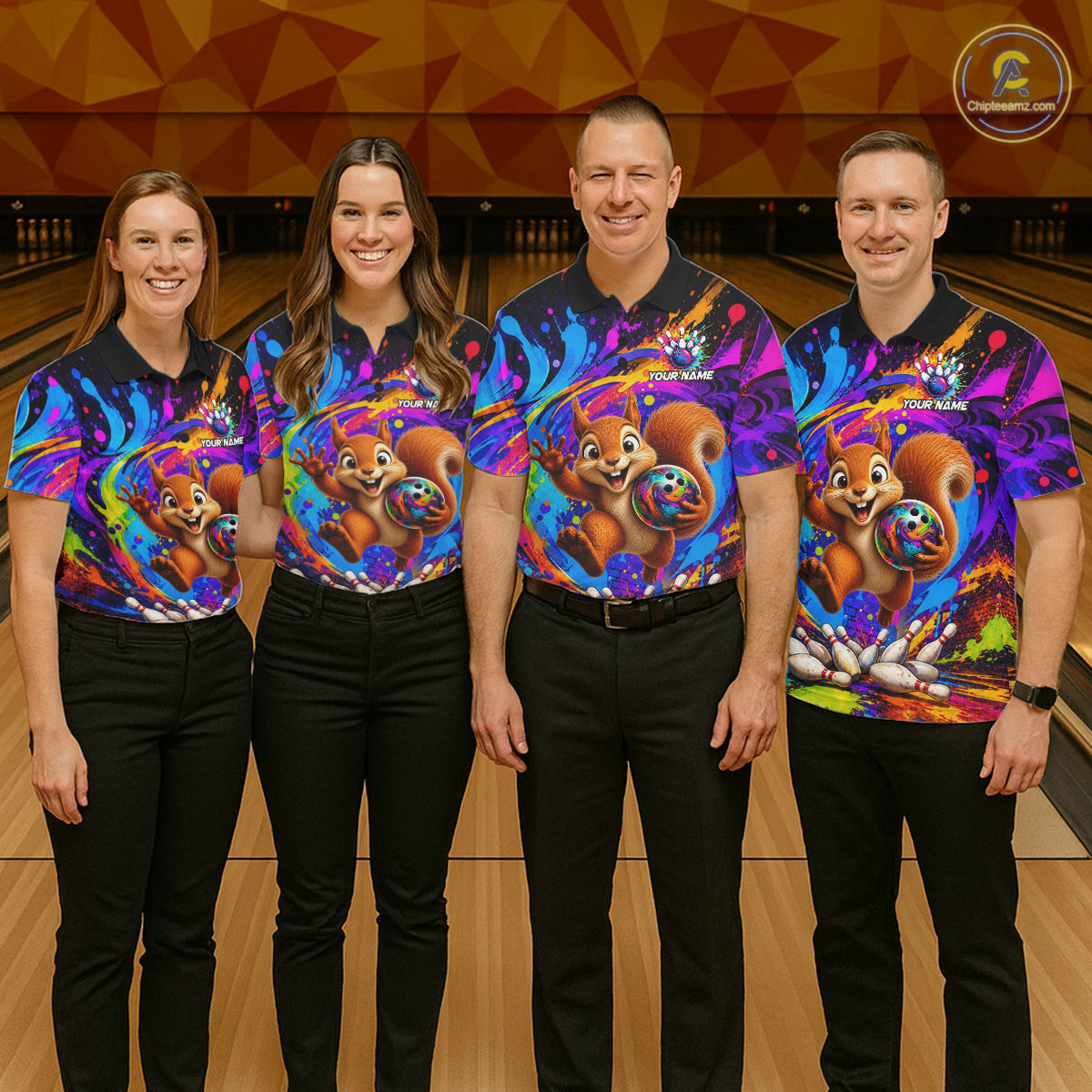 Bowling team wearing matching funny squirrel colorful bowling team jerseys, front view.