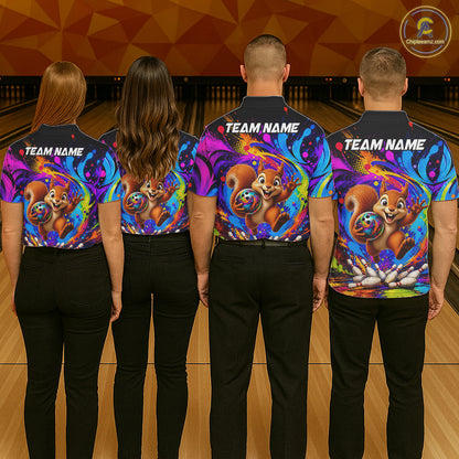 Bowling team wearing matching funny squirrel colorful bowling team jerseys, back view.