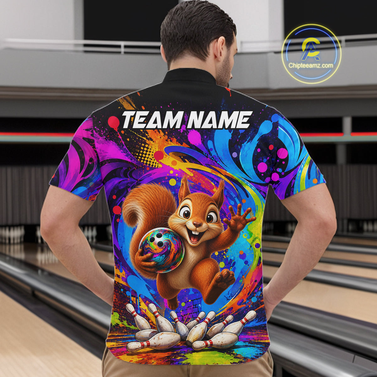 Man wearing funny squirrel colorful bowling team jersey quarter zip shirt featuring funny squirrel bowling artwork, back view.