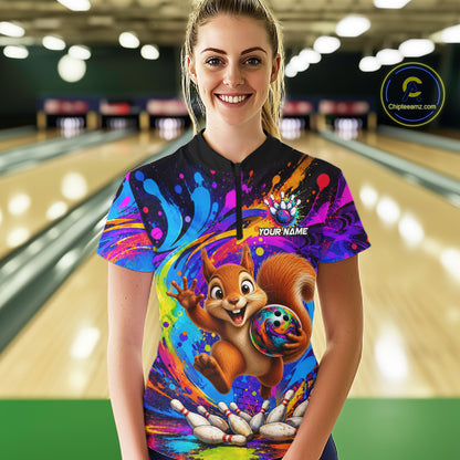 Woman wearing funny pizza colorful bowling team jersey quarter zip shirt featuring funny pizza bowling artwork, front view.