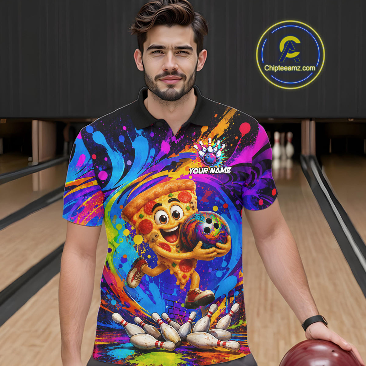 Man wearing funny pizza colorful bowling team jersey polo shirt featuring funny pizza bowling artwork, front view.