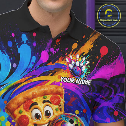 Close-up of funny pizza colorful bowling team jersey polo shirt featuring collar, buttons and funny pizza bowling artwork.
