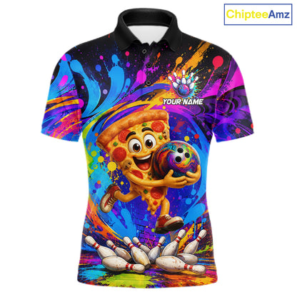 Funny pizza colorful bowling team jersey polo shirt for men featuring a fun pizza bowling design, premium custom bowling league apparel and best bowling gifts.