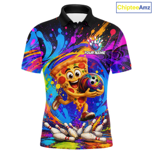 Funny pizza colorful bowling team jersey polo shirt for men featuring a fun pizza bowling design, premium custom bowling league apparel and best bowling gifts.
