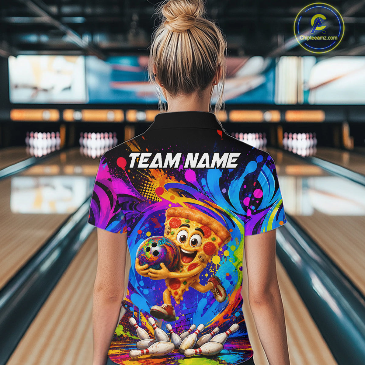 Woman wearing funny pizza colorful bowling team jersey polo shirt featuring funny pizza bowling artwork, back view.