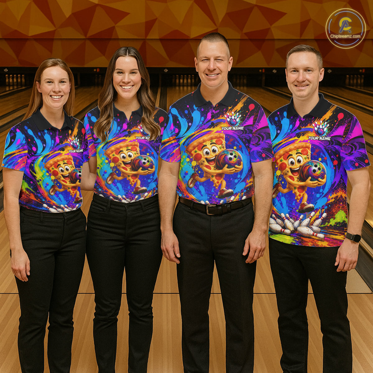 Bowling team wearing matching funny pizza colorful bowling team jerseys, front view.