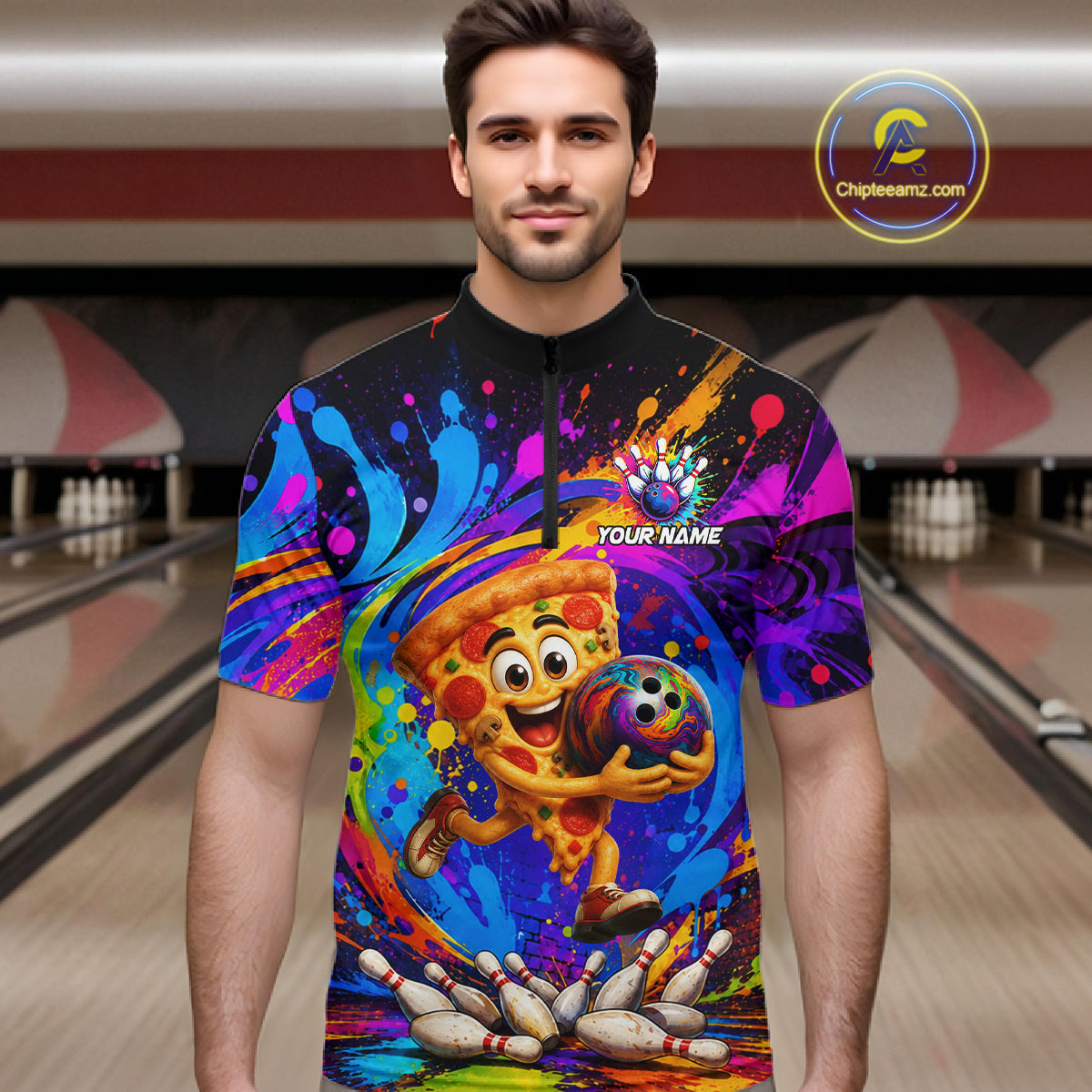 Man wearing funny pizza colorful bowling team jersey quarter zip shirt featuring funny pizza bowling artwork, front view.
