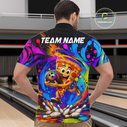 Man wearing funny pizza colorful bowling team jersey quarter zip shirt featuring funny pizza bowling artwork, back view.