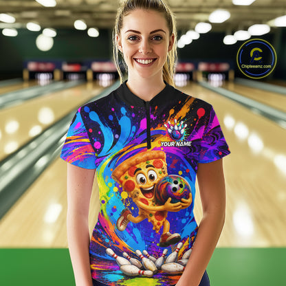 Woman wearing funny pizza colorful bowling team jersey quarter zip shirt featuring funny pizza bowling artwork, front view.