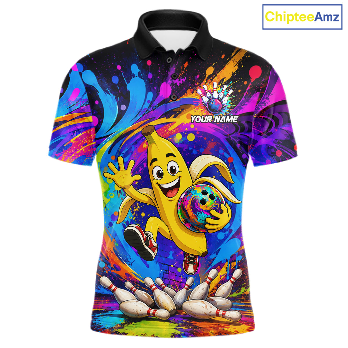 Funny banana colorful bowling team jersey polo shirt for men featuring a playful banana bowling design, premium custom bowling league apparel and best bowling gifts.
