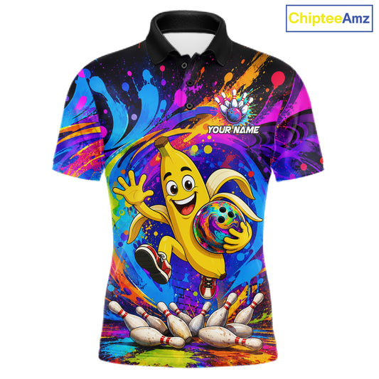 Funny banana colorful bowling team jersey polo shirt for men featuring a playful banana bowling design, premium custom bowling league apparel and best bowling gifts.