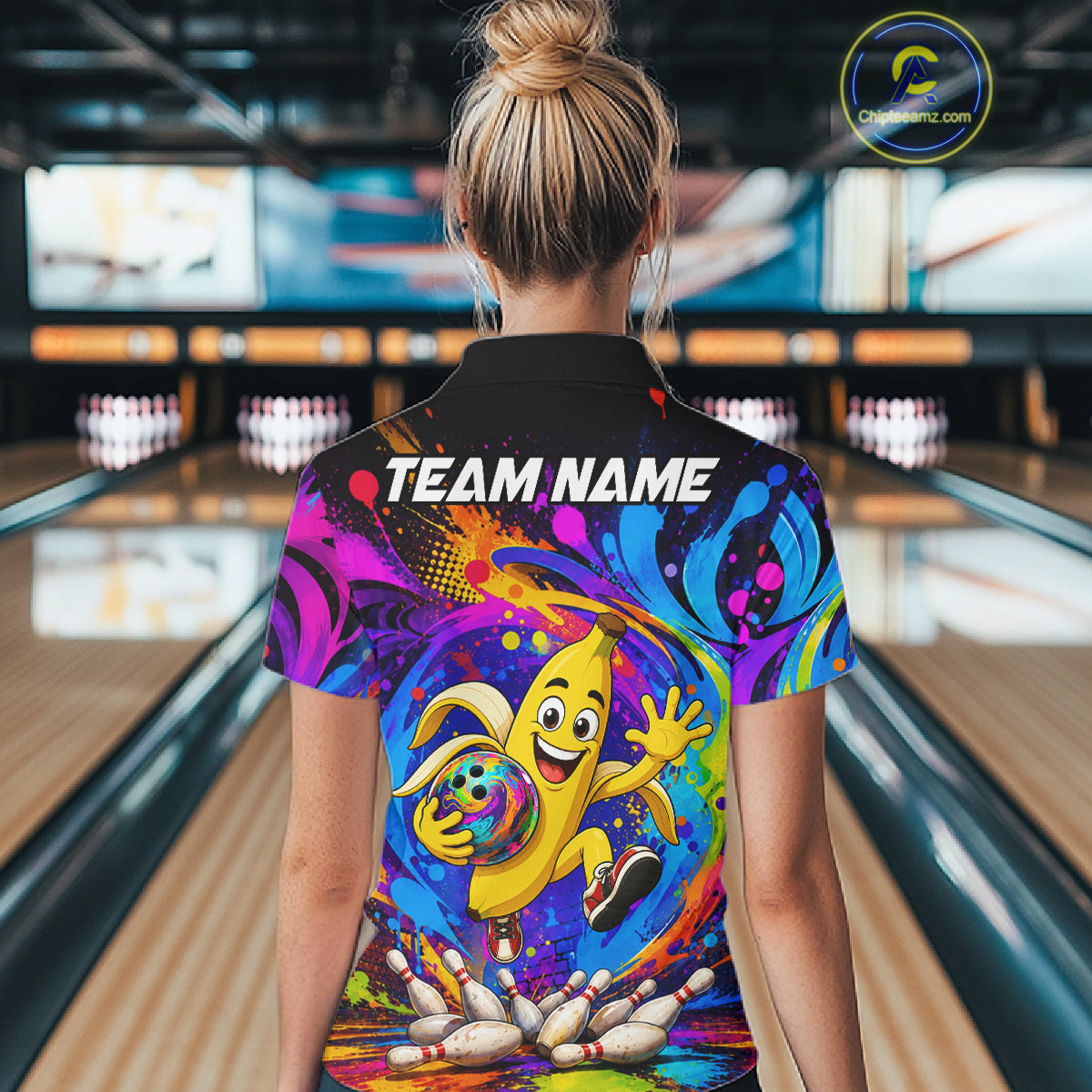 Woman wearing funny banana colorful bowling team jersey polo shirt featuring funny banana bowling artwork, back view.