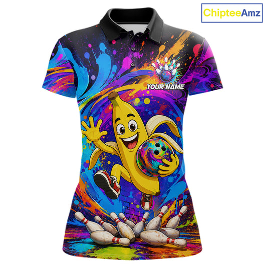 Funny banana colorful bowling team jersey polo shirt for women featuring a playful banana bowling design, premium custom bowling league apparel and best bowling gifts.
