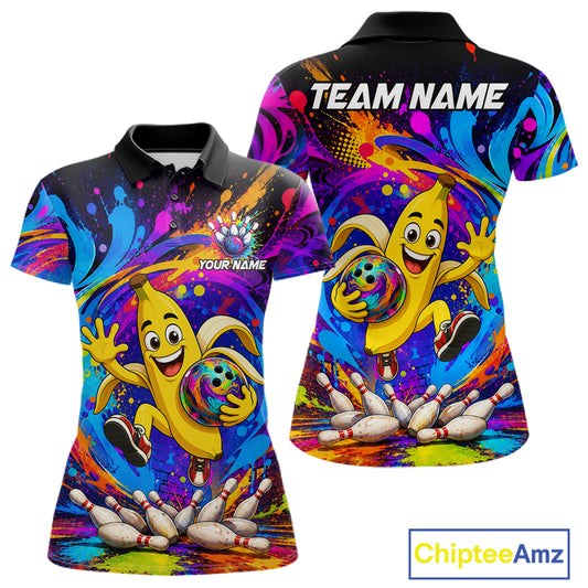 Funny banana colorful bowling team jersey polo shirt for women featuring a playful banana bowling design, premium custom bowling league apparel and best bowling gifts.