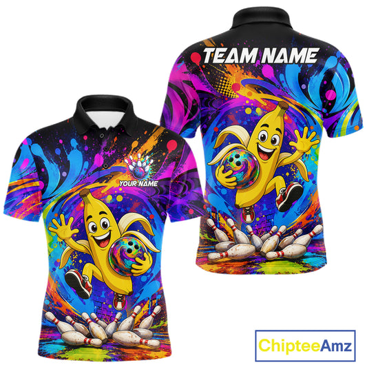 Funny banana colorful bowling team jersey polo shirt for men featuring a playful banana bowling design, premium custom bowling league apparel and best bowling gifts.