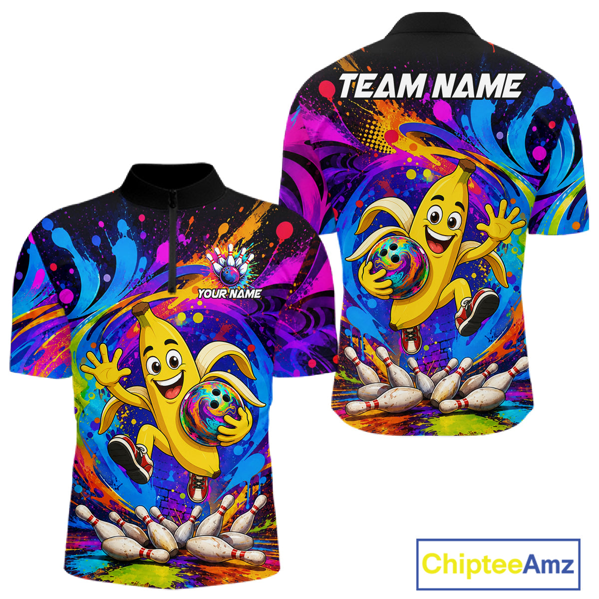 Funny banana colorful bowling team jersey quarter zip shirt for men featuring colorful funny banana bowling artwork, premium custom bowling apparel.