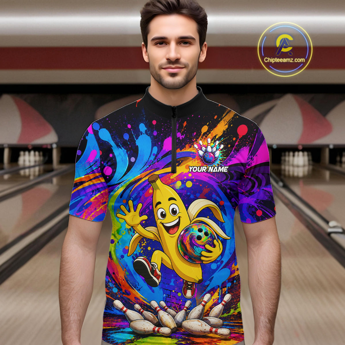 Man wearing funny banana colorful bowling team jersey quarter zip shirt featuring funny banana bowling artwork, front view.