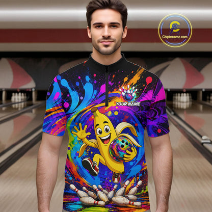 Man wearing funny banana colorful bowling team jersey quarter zip shirt featuring funny banana bowling artwork, front view.