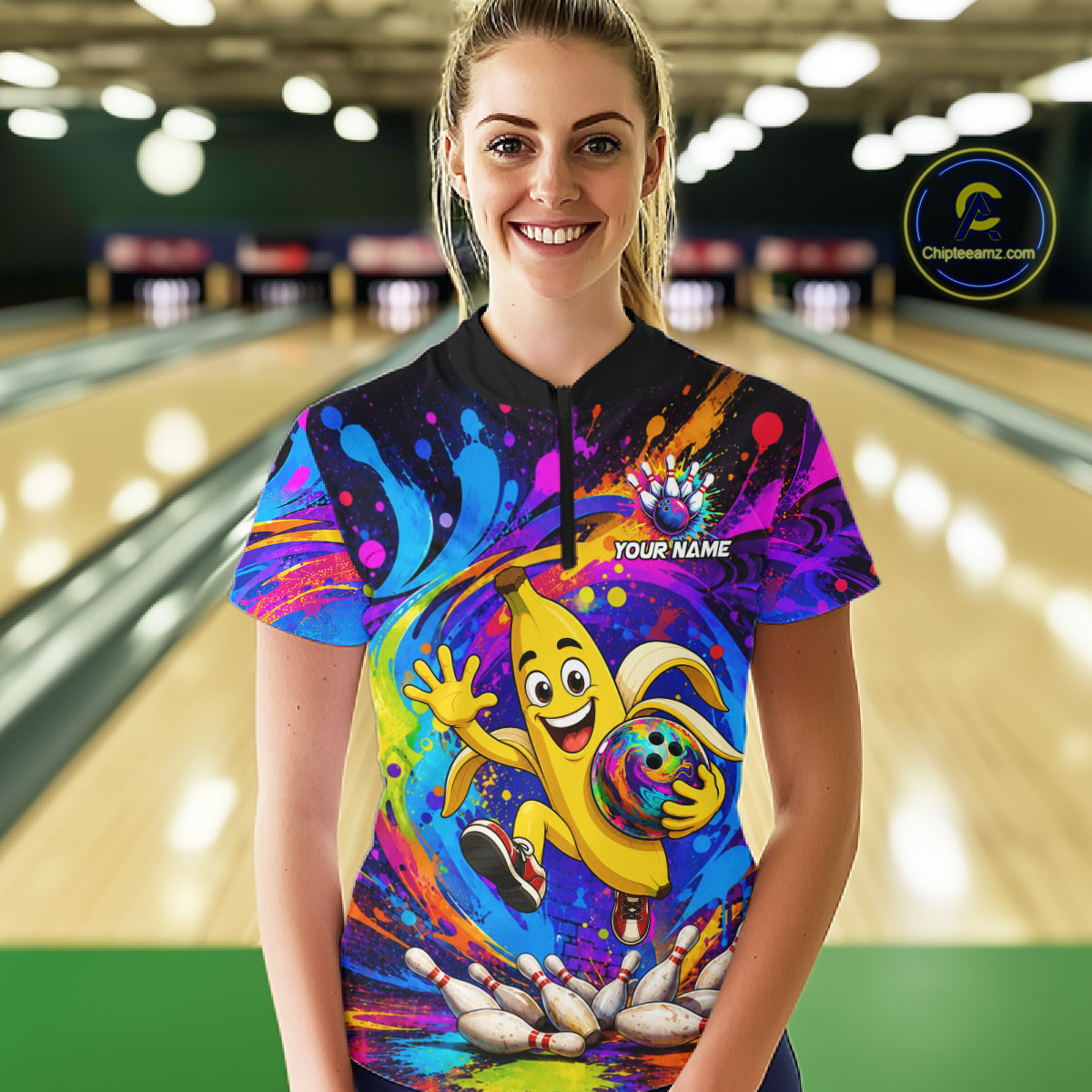 Woman wearing funny banana colorful bowling team jersey quarter zip shirt featuring funny banana bowling artwork, front view.