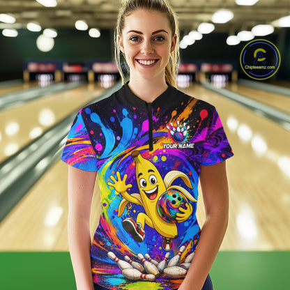 Woman wearing funny banana colorful bowling team jersey quarter zip shirt featuring funny banana bowling artwork, front view.