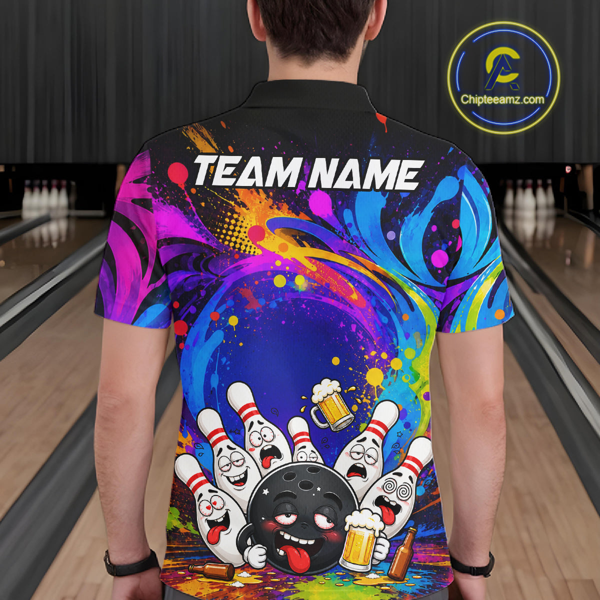 Man wearing funny drunk bowling pins colorful bowling team jersey polo shirt featuring colorful drunk bowling pins artwork, back view.