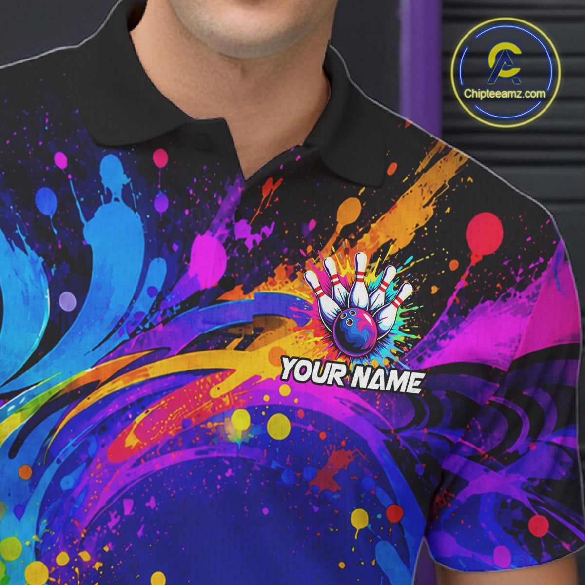 Close-up of funny drunk bowling pins colorful bowling team jersey polo shirt featuring collar, buttons and colorful drunk bowling pins artwork.