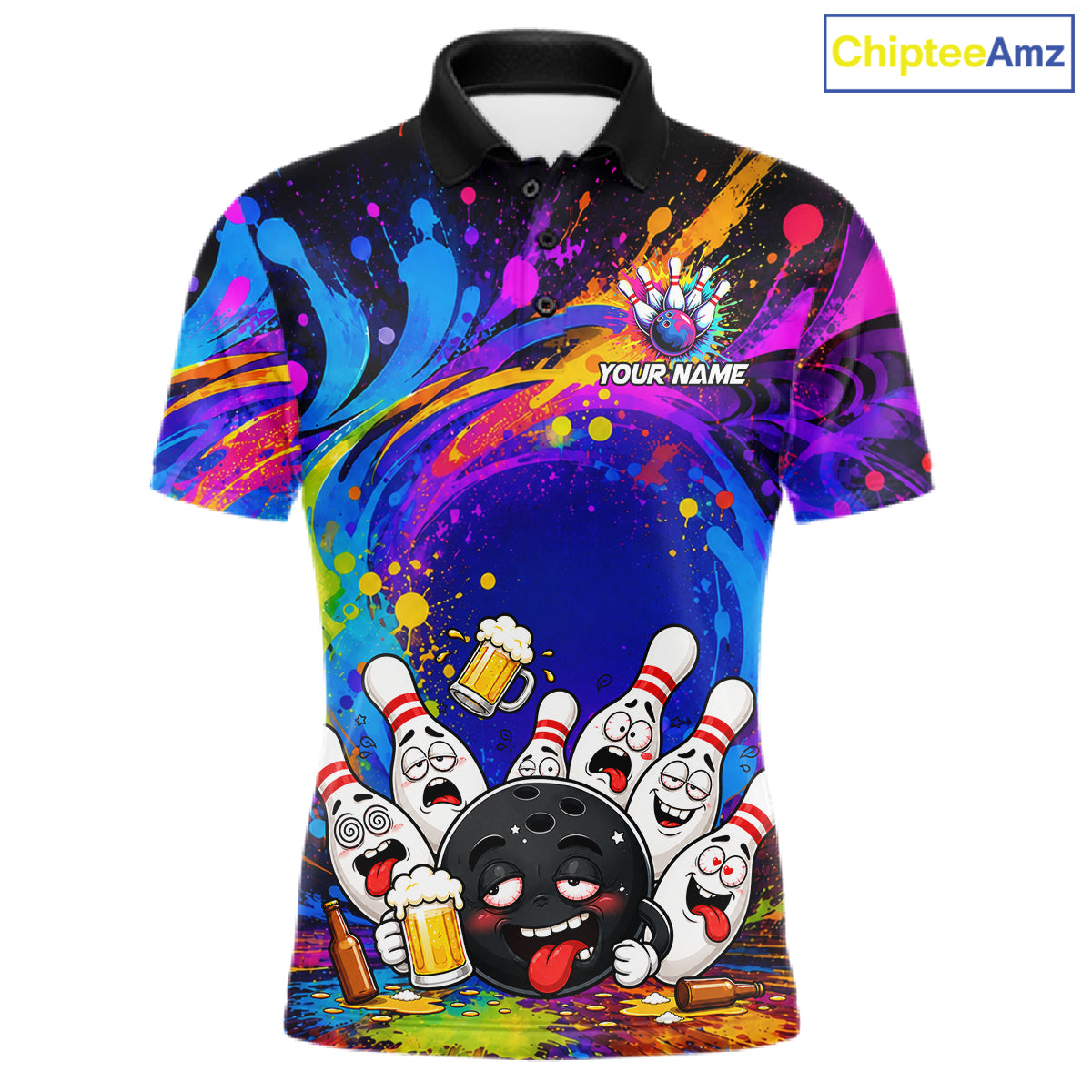 Funny drunk bowling pins colorful bowling team jersey polo shirt for men featuring hilarious drunk bowling pins artwork, premium custom bowling league apparel and unique bowling gifts.