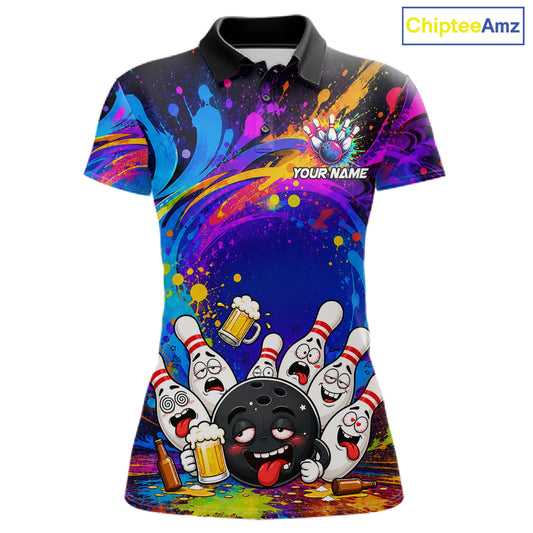 Funny drunk bowling pins colorful bowling team jersey polo shirt for women featuring hilarious drunk bowling pins artwork, premium custom bowling league apparel and unique bowling gifts.