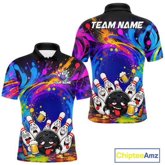 Funny drunk bowling pins colorful bowling team jersey polo shirt for men featuring hilarious drunk bowling pins artwork, premium custom bowling league apparel and unique bowling gifts.