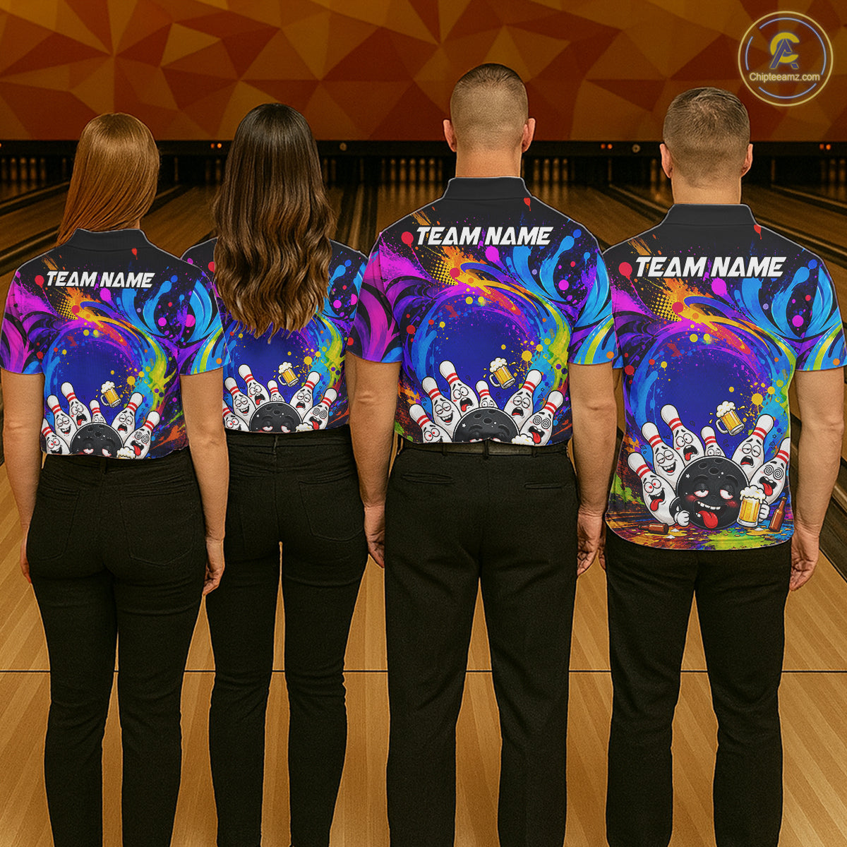 Bowling team wearing matching funny drunk bowling pins colorful bowling team jerseys, back view.