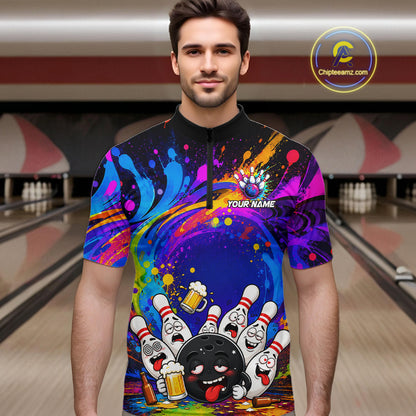 Man wearing funny drunk bowling pins colorful bowling team jersey quarter zip shirt featuring colorful drunk bowling pins artwork, front view.